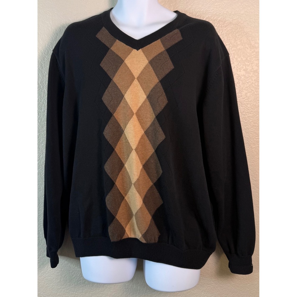 Roundtree & Yorke Mens XL V Neck Sweater Black Argyle Cotton Knit Preppy Office